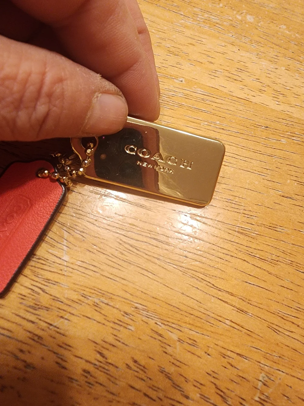 Coach Gold Metal & Red Leather Double Tag Key Charm